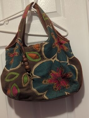 Floral Embroidered Tote Bag in Teal and Brown